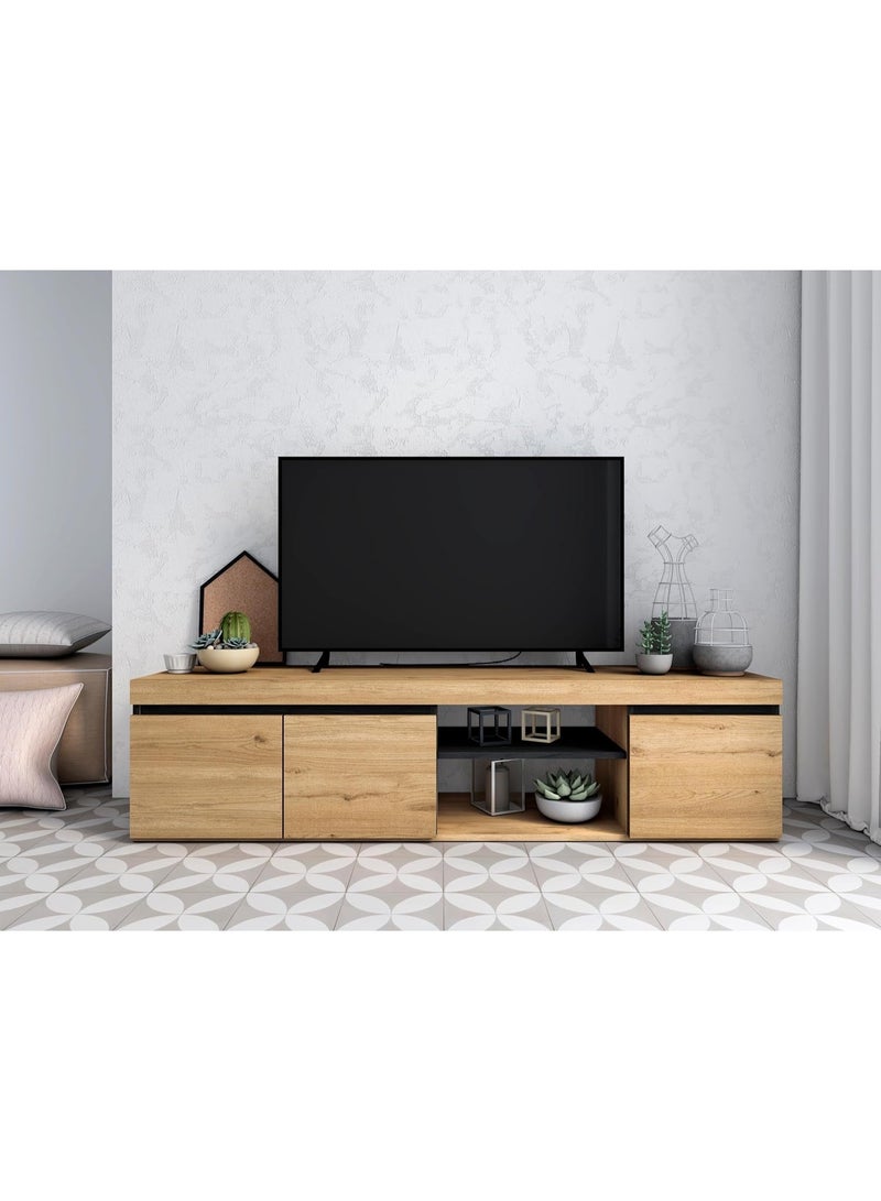 Skraut Home | TV Stand Natural Model | Oak Color/Black | Living Room | TV Stand with Shelves and Storage Cabinets | 160 x 40 x 39.6cm (Naturale 160) - Image 2